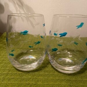 Set of 2 Etched Fish Stemless Wine Glasses with Turquoise & White Fish